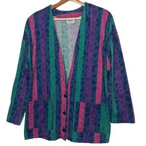 Vintage 80s M Shirt Cardigan V Neck Knit Blue Pink Stripe Retro Enchante Flawed